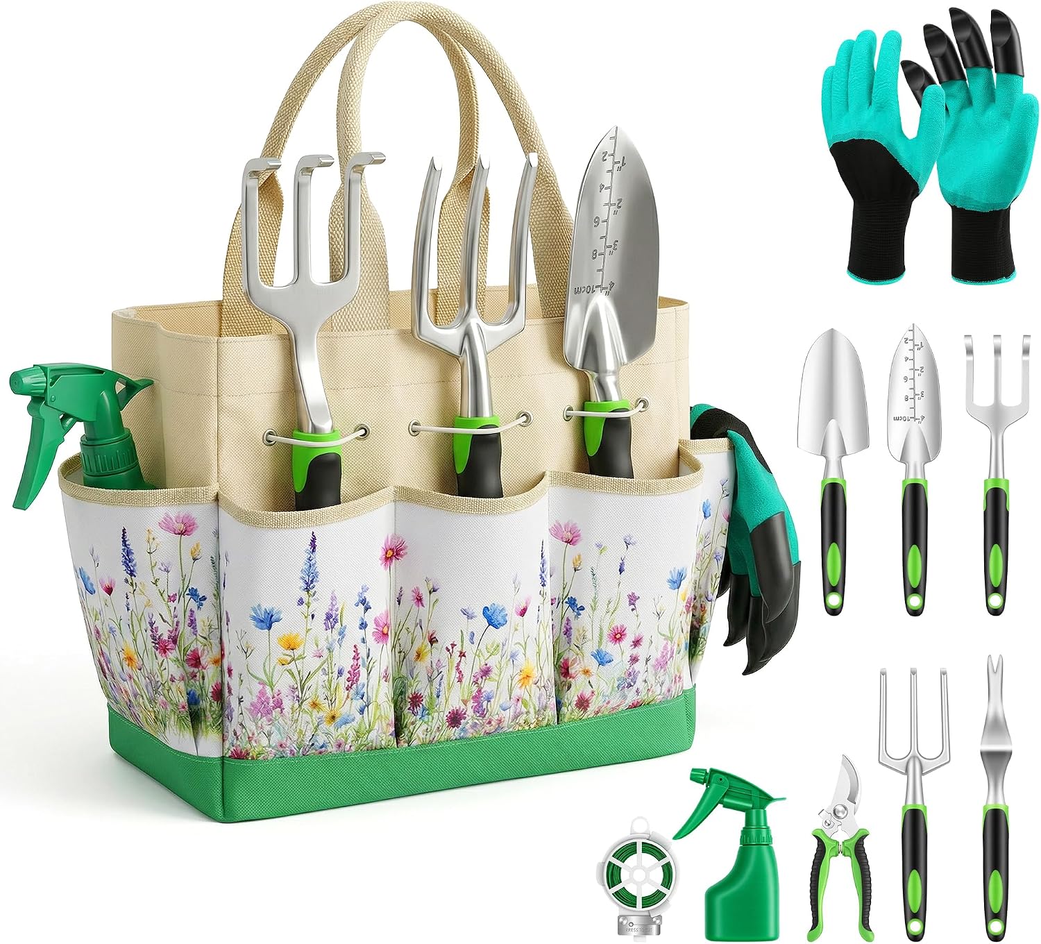 Ten Piece Heavy Duty Gardening Hand Tool Set with Organizer Handbag